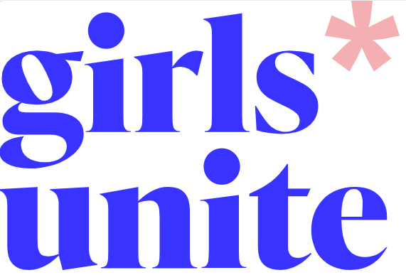Schriftzug von girls*unite e.V. in dunkelblauer Schrift mit rosa Gendersternchen 