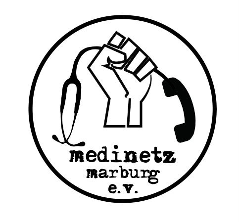 Logo des Medinetzes, Eine erhobene Faust mit Stetoskop und Telefon in der Hand 