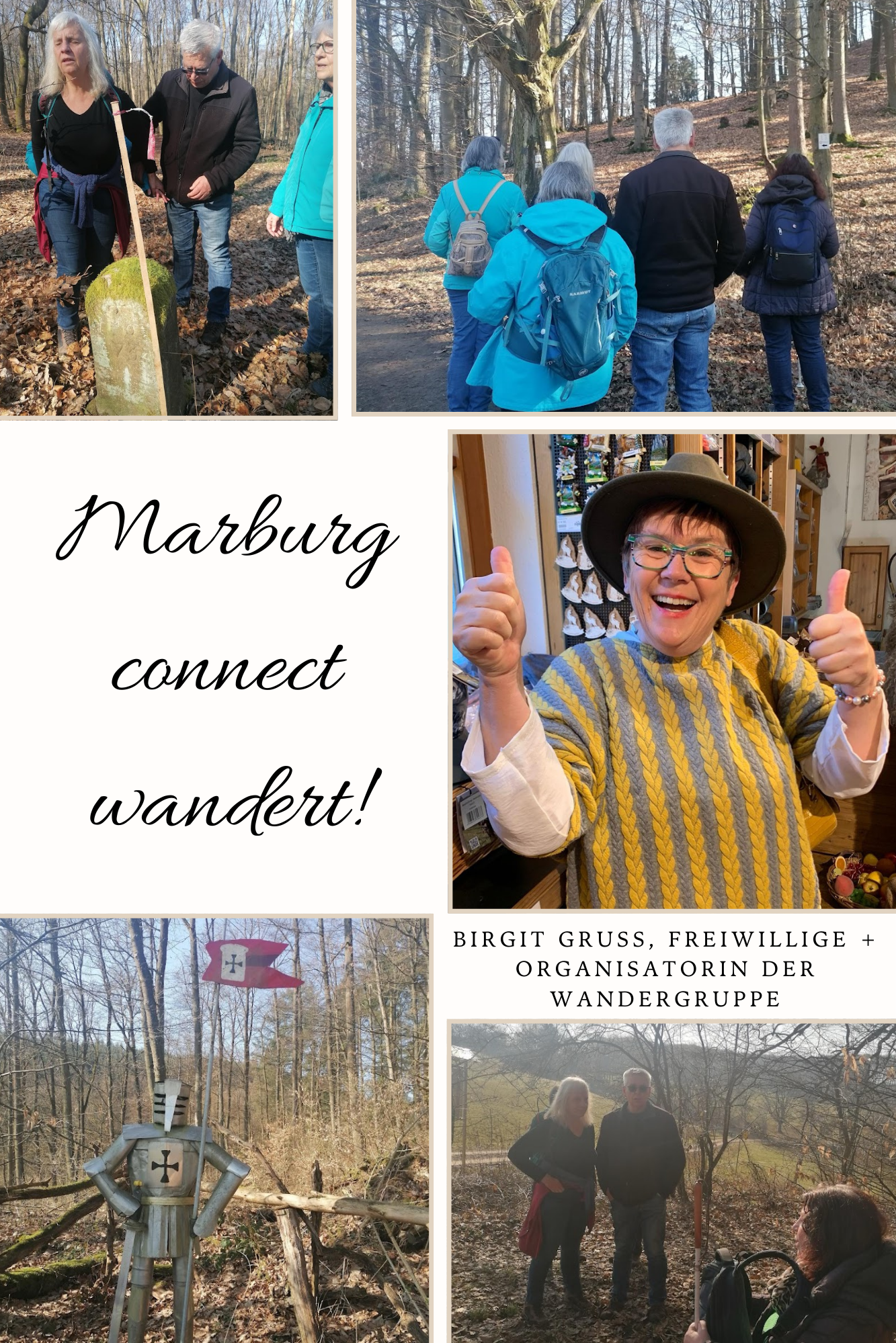 Impressionen von der Ersten Wanderung der Wandergruppe von Marburg connect, Gruppenfoto, Landschaftsfoto, Foto der Organisatorin und Engagierten Birgit Gruß