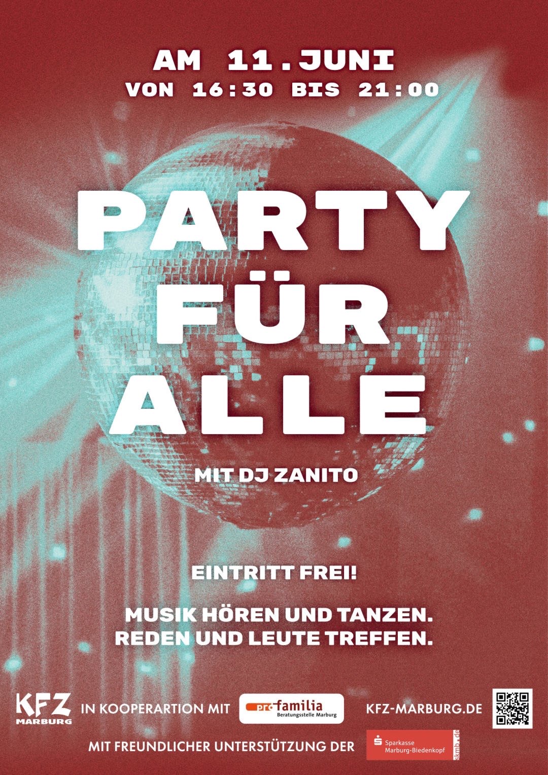 Poster für eine offene Party mit DJ Zanito, rot-bräunlicher Hintergrund und Disco-Kugel. Veranstalter KFZ<br />
