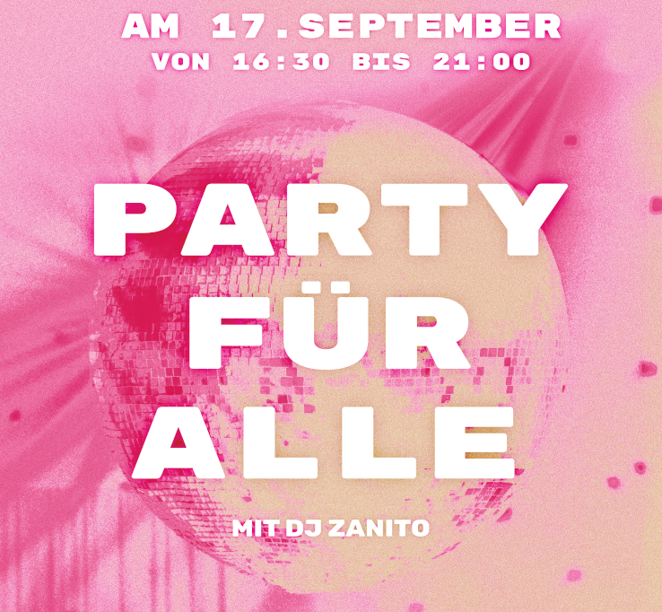 Offene Party für alle, rosa Hintergrund mit Disco Kugel
